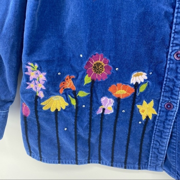Vintage The Quacker Factory Sz Large Blue Velour Embroidered Floral Shirt - Picture 3 of 5